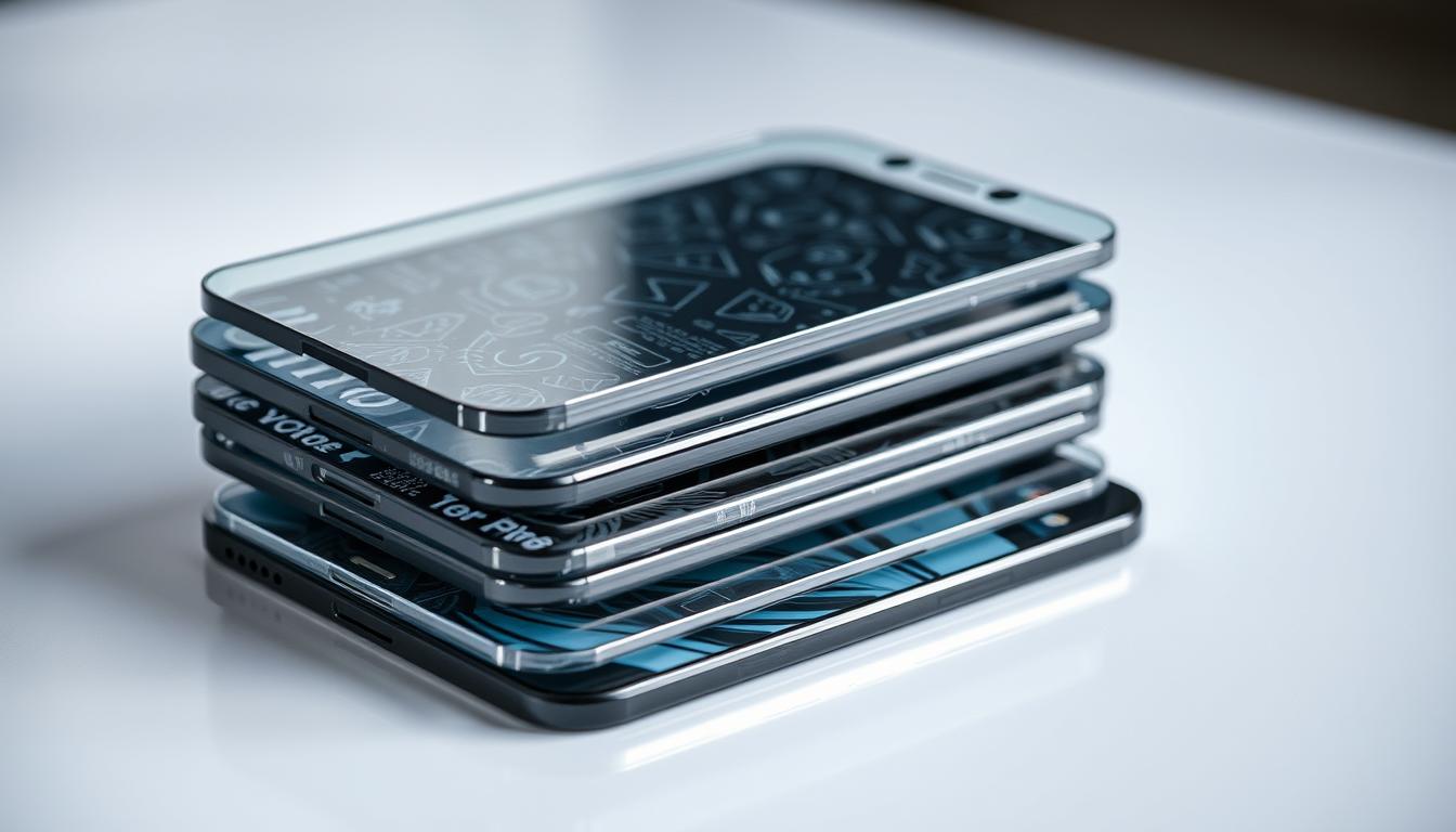 iPhone 16 Pro Tempered Glass Screen Protector Review – What to Buy in 2025 6 A close-up view of a stack of tempered glass screen protectors for the iPhone 16 Pro, each with a distinct pattern or texture. The protectors are arranged on a sleek, minimalist surface, with a soft, even lighting that highlights their intricate designs. The composition emphasizes the variety and specialization of these screen protectors, showcasing their unique features and materials. The background is subtly blurred, keeping the focus on the screen protectors and their distinctive qualities.