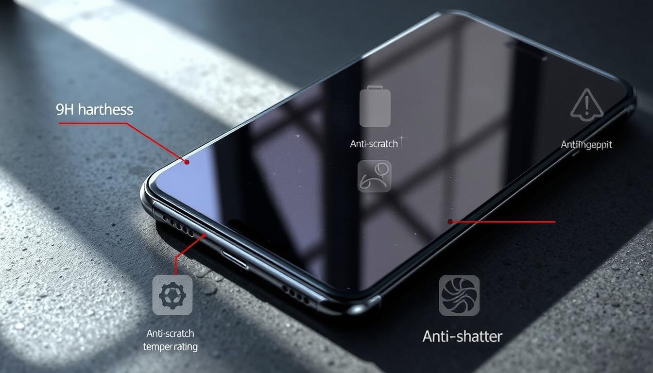 Best Screen Protector for Google Pixel 8 Pro in 2025 - Tempered Glass & Film Guide 4 Detailed close-up illustration of a Google Pixel 8 Pro smartphone screen protector, showcasing its key features. The protector is made of high-quality tempered glass with a smooth, oleophobic coating. It has a 9H hardness rating and 2.5D rounded edges for a seamless fit. The protector is depicted with an array of technical callouts, highlighting its anti-scratch, anti-fingerprint, and anti-shatter properties. The scene is lit with a soft, natural lighting from the left, casting subtle shadows and highlights on the surface. The camera angle is slightly elevated to provide an optimal viewing angle of the screen protector's intricate design and functionality.