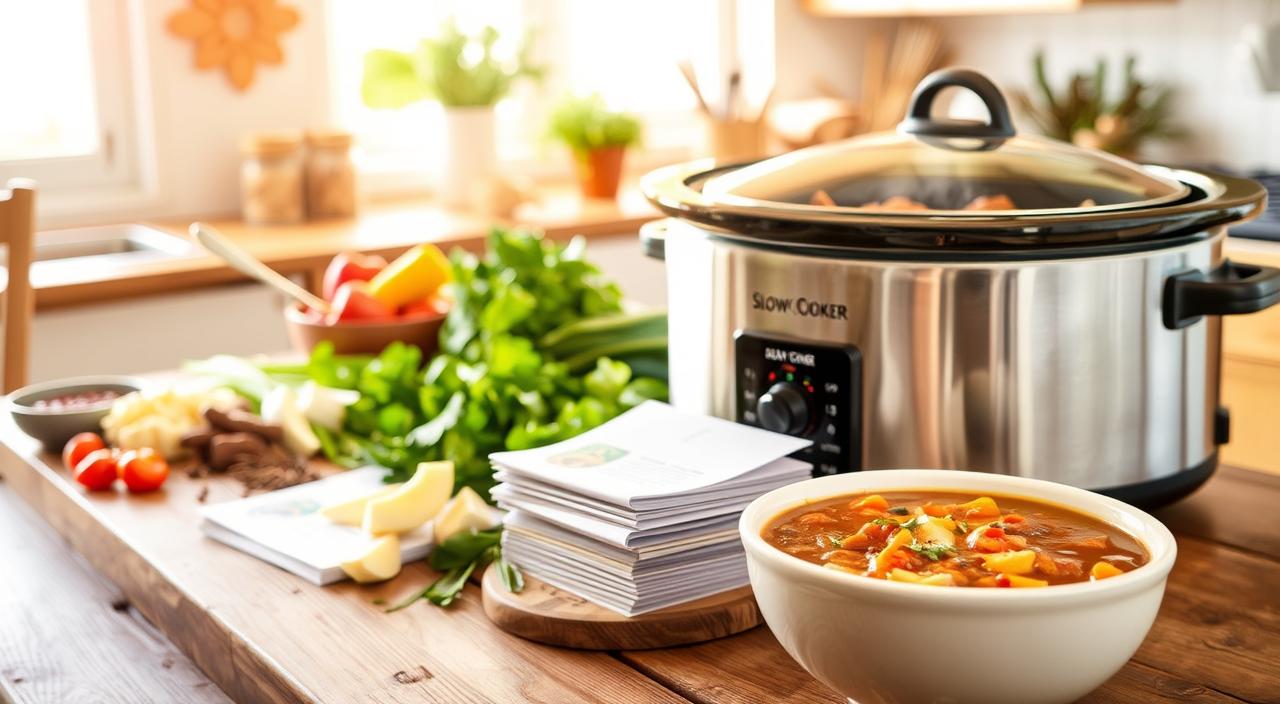Slow Cooker Stew in a Cozy Kitchen Cozy kitchen with a slow cooker filled with hearty stew, carrots, onions, and herbs on the counter, soft warm lighting