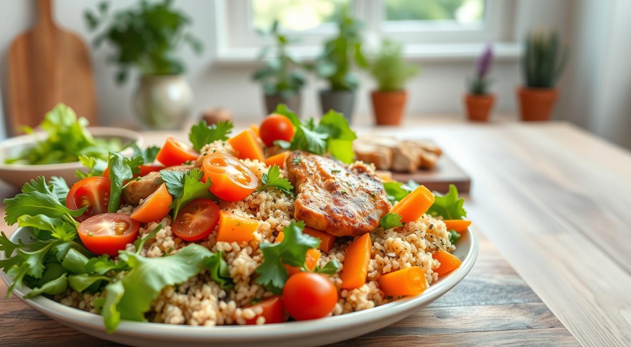 Healthy Low-Calorie Dinner Preparation in a Modern Kitchen Low calorie meal ideas with fresh ingredients and healthy cooking options