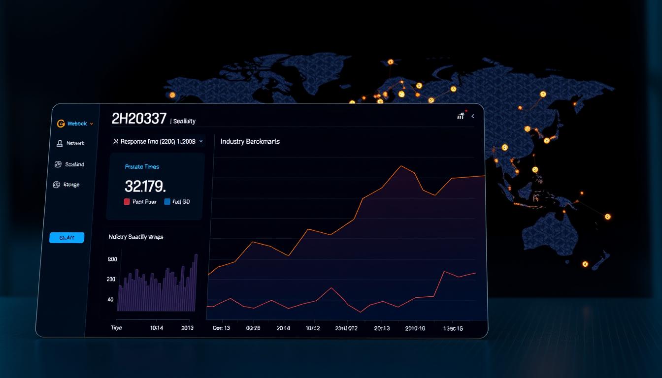 A data-driven performance comparison of Webdock's cloud hosting services, showcasing its scalability and reliability. In the foreground, a sleek dashboard displays real-time metrics, with emphasis on CPU utilization, network bandwidth, and storage capacity. The middle ground features a line graph charting Webdock's response times under varying workloads, contrasted against industry benchmarks. In the background, a world map highlights Webdock's global data center locations, connected by pulsing network connections. The scene is illuminated by a soft, diffused lighting, conveying a sense of professionalism and technological sophistication.