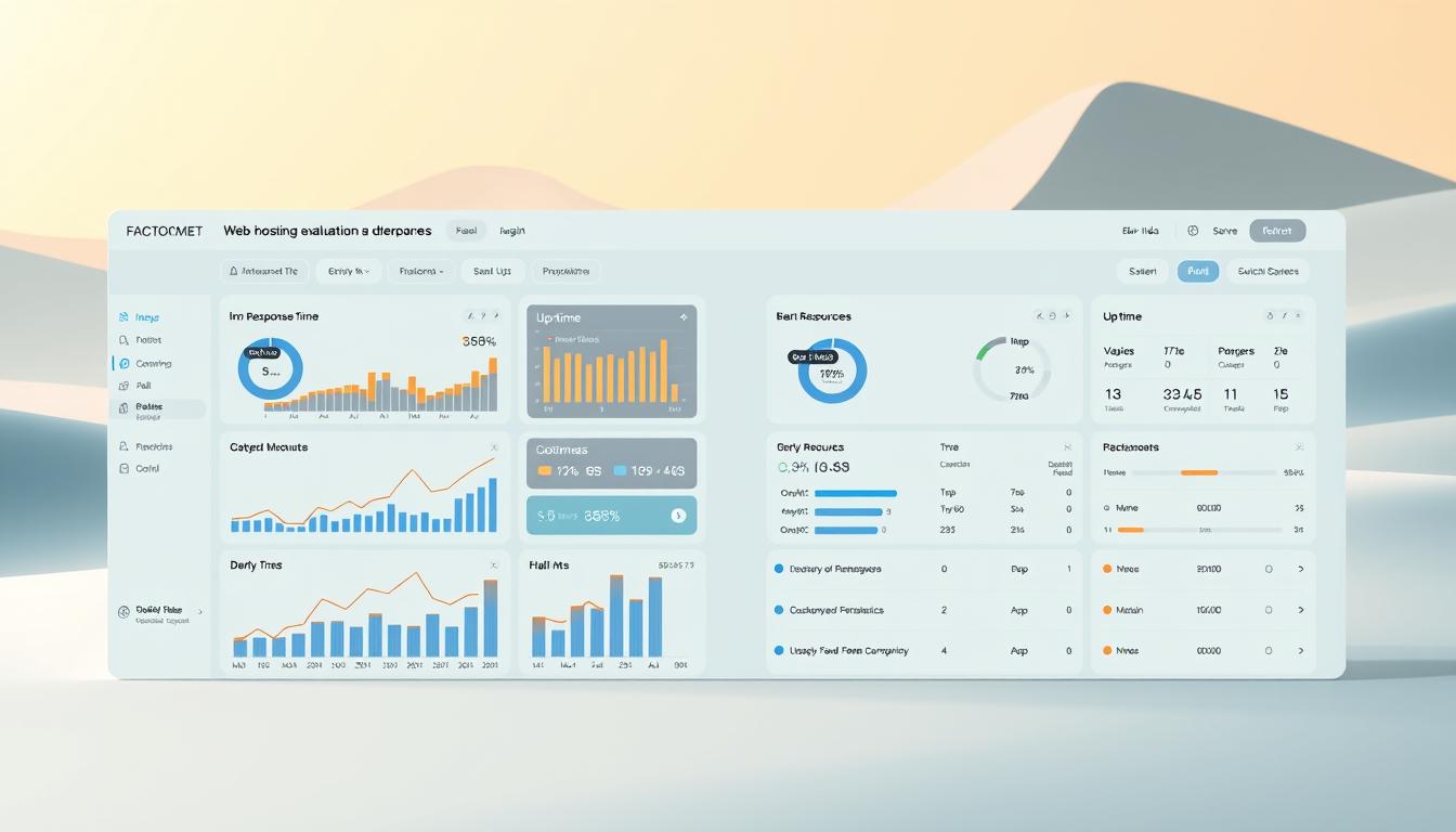 Sleek, minimalist web hosting evaluation dashboard with side-by-side comparison of Inos and Factcomet services. Foreground features interactive charts, graphs, and data visualizations highlighting key performance metrics like uptime, response time, server resources, and customer satisfaction. Middleground showcases clean, elegant UI with intuitive navigation. Background depicts a serene, low-poly landscape with a muted color palette, creating a professional, tech-savvy atmosphere. Warm, directional lighting from the upper left casts dynamic shadows, enhancing the depth and dimensionality. Camera angle is slightly elevated, providing an comprehensive overview of the evaluation interface.