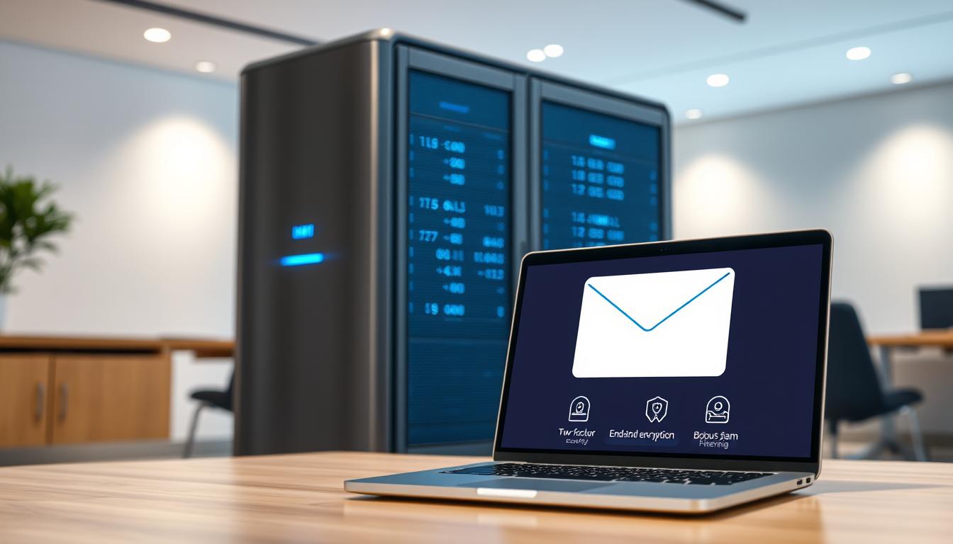 A secure email server standing tall against a backdrop of a sleek, minimalist office environment. The server is encased in a brushed metal chassis, emitting a soft blue glow, conveying a sense of digital fortitude. In the foreground, a laptop displays an encrypted email interface, with icons representing advanced security features such as two-factor authentication, end-to-end encryption, and robust spam filtering. The overall scene exudes an air of professionalism, technological prowess, and unwavering data protection, reflecting the key security attributes of a premium email hosting solution.