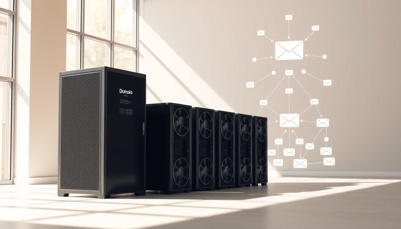A modern, sleek web server rack stands in a minimalist office environment, its muted tones and clean lines reflecting the professional, reliable nature of personal domain hosting. In the foreground, several server towers are arranged, their cooling fans gently whirring, symbolizing the powerful computing capabilities that power personal email hosting. Sunlight filters in through large windows, casting a warm, natural glow over the scene, creating a sense of trust and security. In the background, a simplified network diagram depicts the seamless integration of domain, email, and web hosting services, all working in harmony to deliver a comprehensive online presence.
