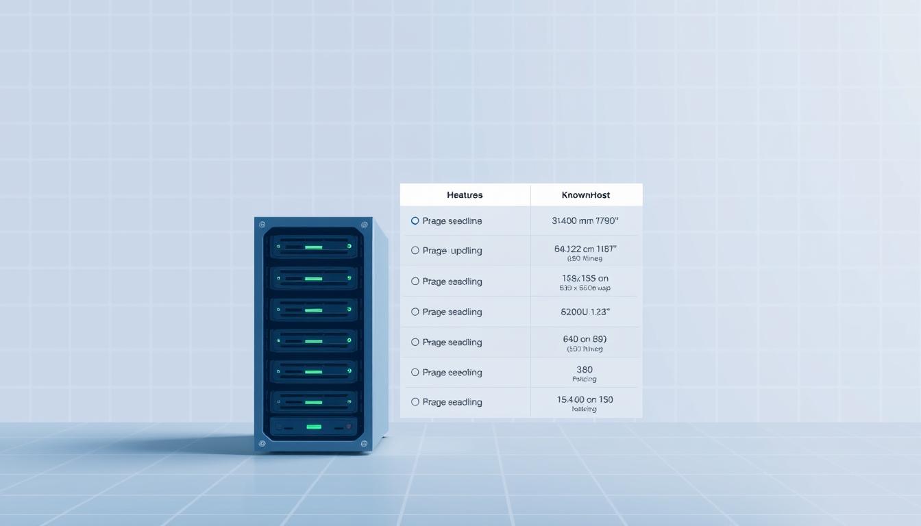 A detailed comparison of web hosting providers Hostinger and KnownHost, showcased in a clean, professional-looking illustration. In the foreground, two server rack icons represent the hosting platforms, positioned side-by-side. The middle ground features an array of web hosting features and metrics, such as server uptime, storage, bandwidth, and pricing, displayed in a tabular format for easy comparison. The background has a subtle grid pattern, evoking a sense of technology and data. The lighting is soft and diffused, creating a calm, authoritative atmosphere. The camera angle is slightly elevated, giving the image a sense of authority and expertise.