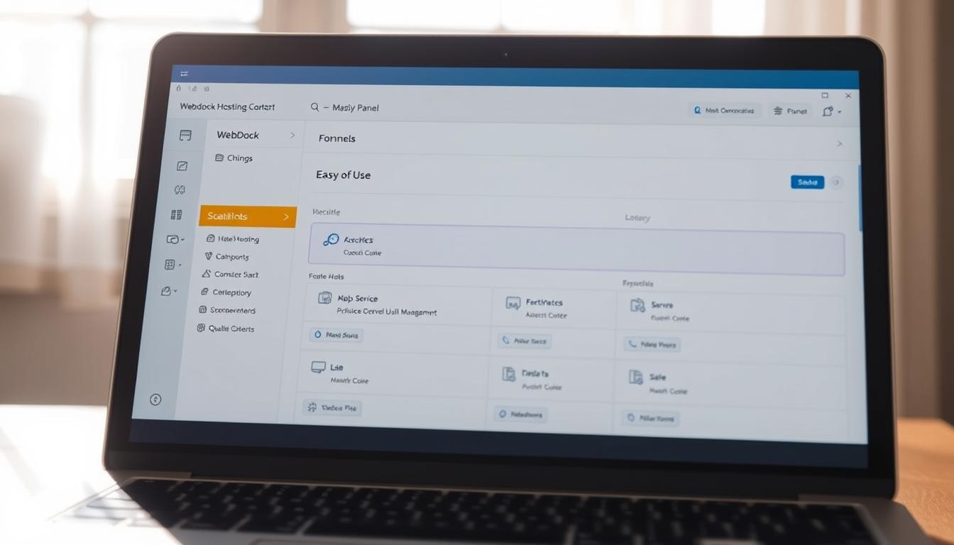 A bright, minimalist Webdock control panel interface displayed on a laptop screen, with a clean, intuitive layout showcasing the various hosting management tools. The panel is bathed in natural lighting, creating a sense of clarity and simplicity. The cursor hovers over the &amp;quot;Ease of Use&amp;quot; section, highlighting the user-friendly design and accessibility of the platform. The background is slightly blurred, drawing the viewer's attention to the centralized control panel. The overall impression conveys the effortless, scalable nature of the Webdock hosting experience.