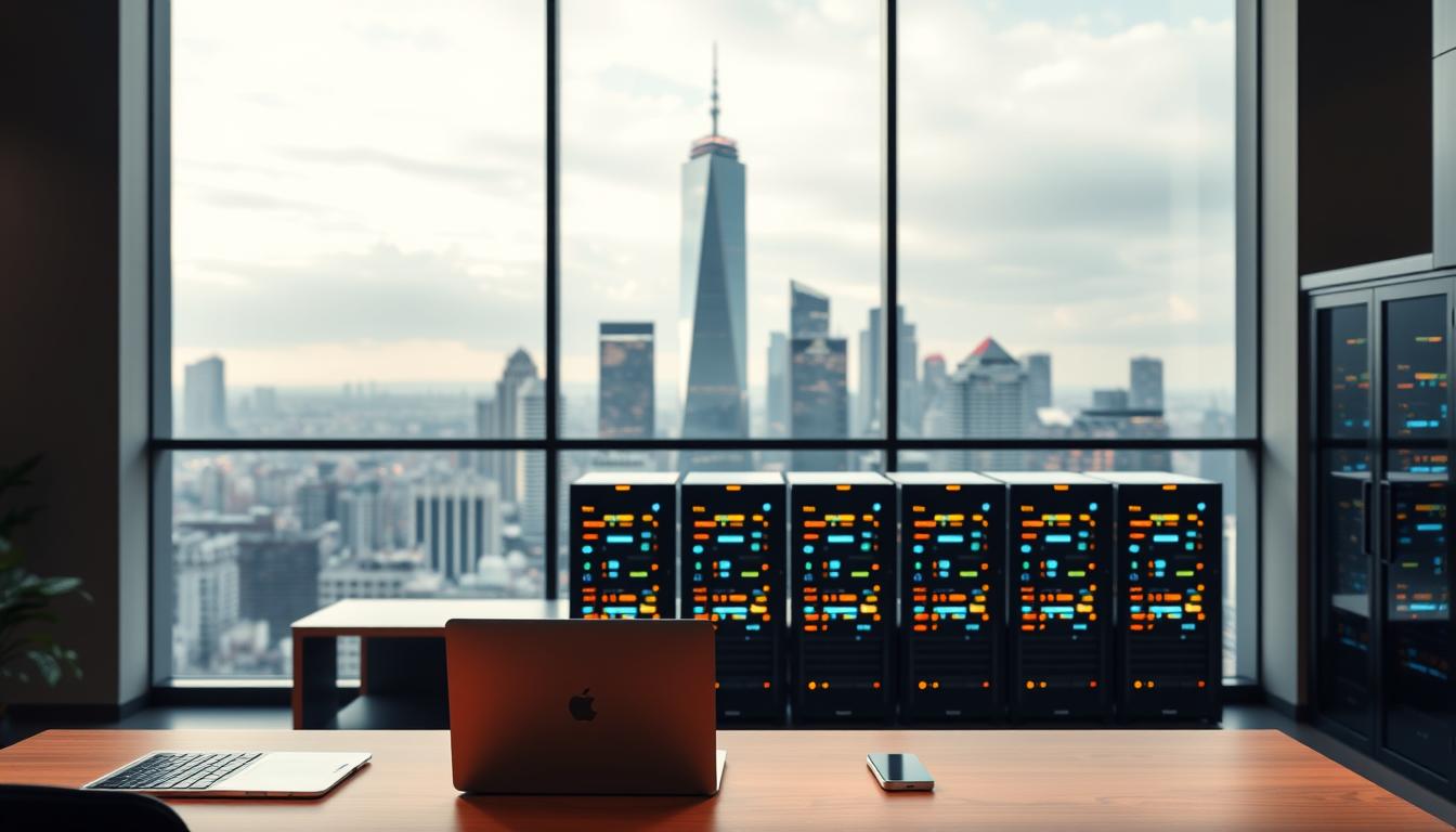 A sleek, minimalist office interior with large windows overlooking a bustling city skyline. In the foreground, a modern, ergonomic desk setup features a laptop, smartphone, and digital calendar - all the tools of the digital professional. Backlit by warm, ambient lighting, the middle ground showcases a row of server racks, their blinking LEDs and sleek designs hinting at the powerful email hosting infrastructure running behind the scenes. In the background, a towering data center rises, its façade reflecting the urban landscape in a play of light and shadow, symbolizing the secure, reliable backbone of modern email hosting services.