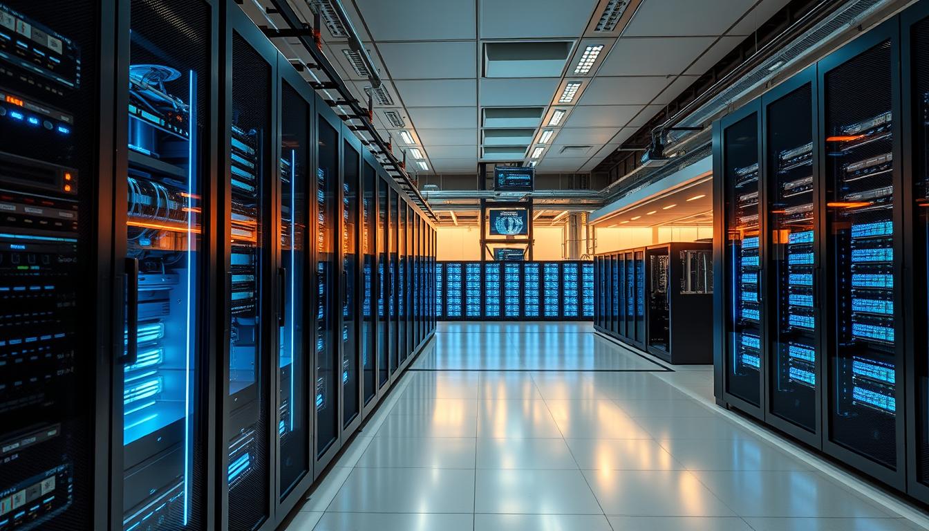 A futuristic data center, its sleek racks of servers humming with the power of Kamatera's cloud hosting architecture. In the foreground, a server module glows with a soft blue light, its intricate cooling systems and high-performance components visible. The middle ground showcases a panoramic view of the facility, with rows of server cabinets stretching into the distance, bathed in a warm, ambient lighting. The background features a towering, glass-walled control room, where technicians monitor the system's performance and ensure optimal uptime. The entire scene conveys a sense of advanced technology, efficiency, and the reliable infrastructure that underpins Kamatera's cloud hosting services.