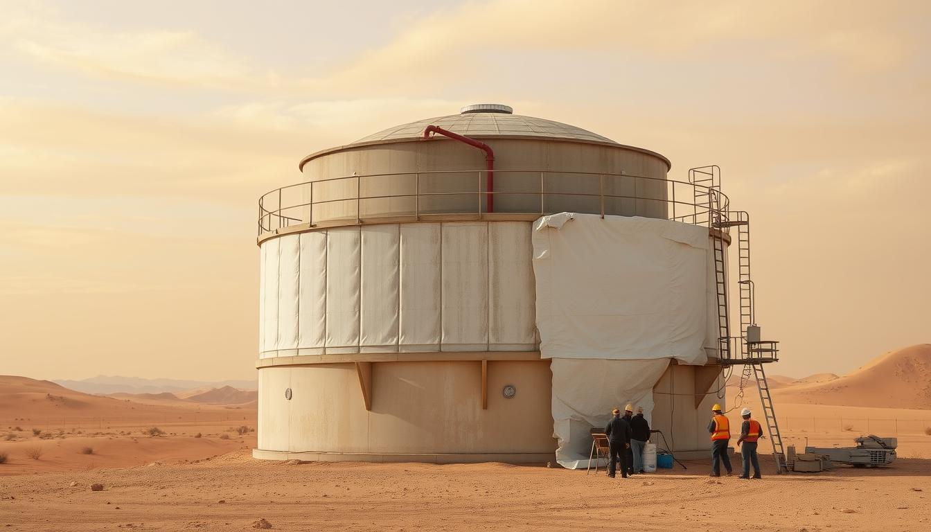 A desert landscape with a large, elevated water storage tank in the center of the frame. The tank is made of reinforced concrete, with a domed roof and surrounded by a metal safety railing. The tank's surface appears weathered, suggesting the need for insulation. In the foreground, a group of workers are applying a thick layer of insulation material to the tank's exterior, using specialized tools and equipment. The background features a cloudless sky with a warm, golden hue, reflecting the arid climate. The overall scene conveys the importance of insulating water storage tanks in harsh desert environments to maintain water quality and temperature.