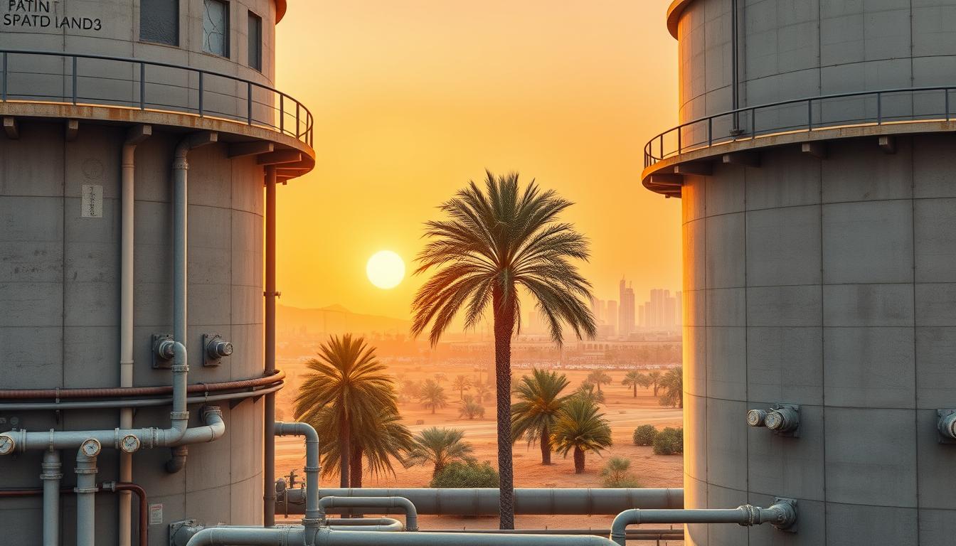 Water storage tanks in Dammam, Saudi Arabia, a detailed architectural illustration. Towering concrete and steel structures in the foreground, with intricate pipe systems and valves. Middle ground features lush palm trees and desert landscaping, creating a tranquil, Middle Eastern atmosphere. The background showcases the vibrant city skyline, hazy under a warm, golden sunset glow. Emphasis on the structural integrity, weatherproofing, and efficient water distribution of these essential public utilities. Crisp, high-resolution image capturing the form and function of Dammam's water storage infrastructure.