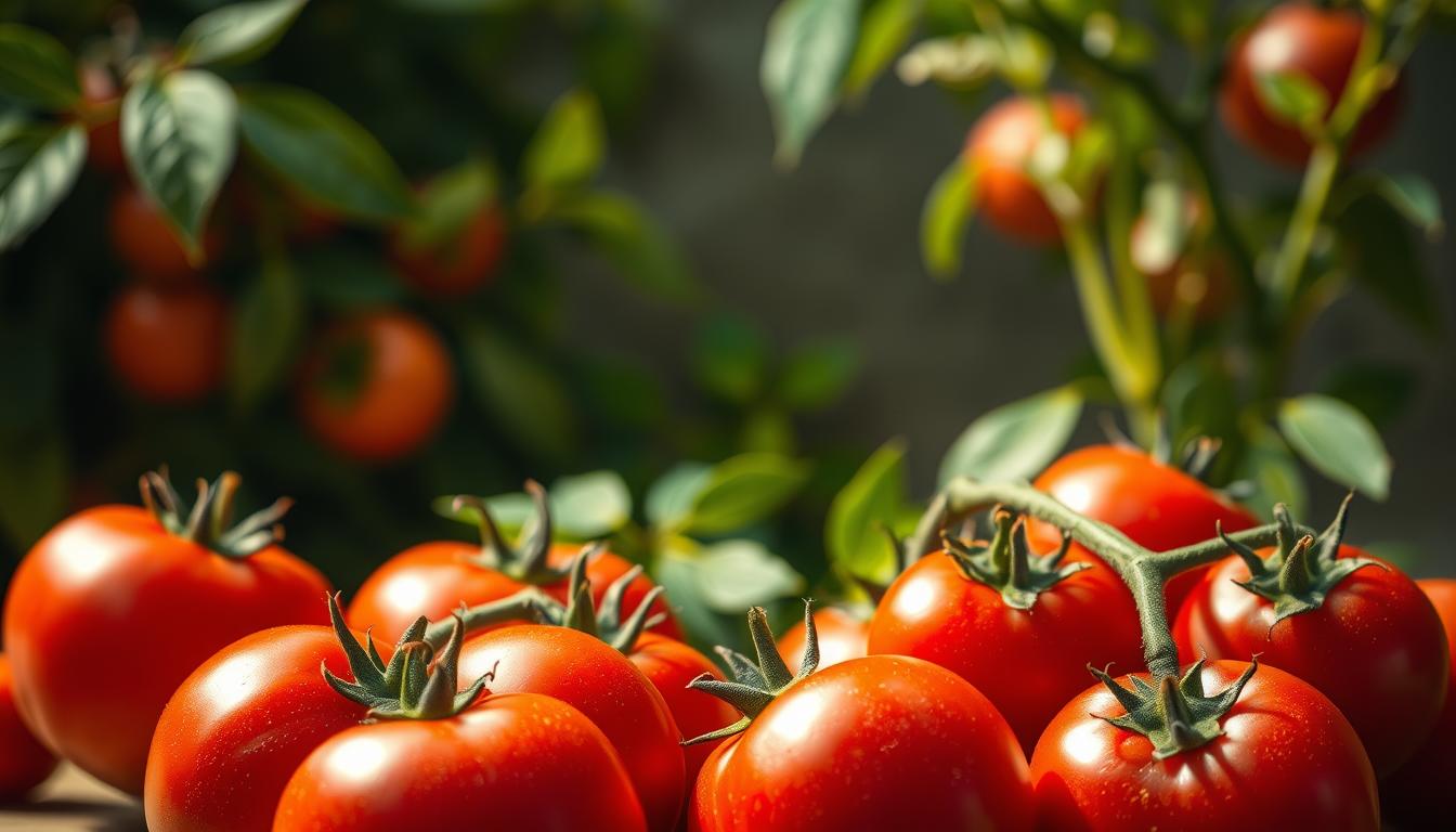 Skin Superfoods: 10 Easy Ways to Eat for Beauty 4 A vibrant still life with a cluster of fresh, juicy tomatoes in the foreground, their rich, crimson hues glistening under soft, directional lighting. The tomatoes are arranged artfully, highlighting their plump, spherical shapes and delicate skin textures. In the middle ground, a backdrop of lush, verdant leaves and stems frames the tomatoes, conveying the connection between the fruit and its natural origins. The overall scene is bathed in a warm, golden glow, evoking a sense of nourishment and vitality. The composition is balanced and visually appealing, drawing the viewer's attention to the tomatoes and their bountiful health benefits.