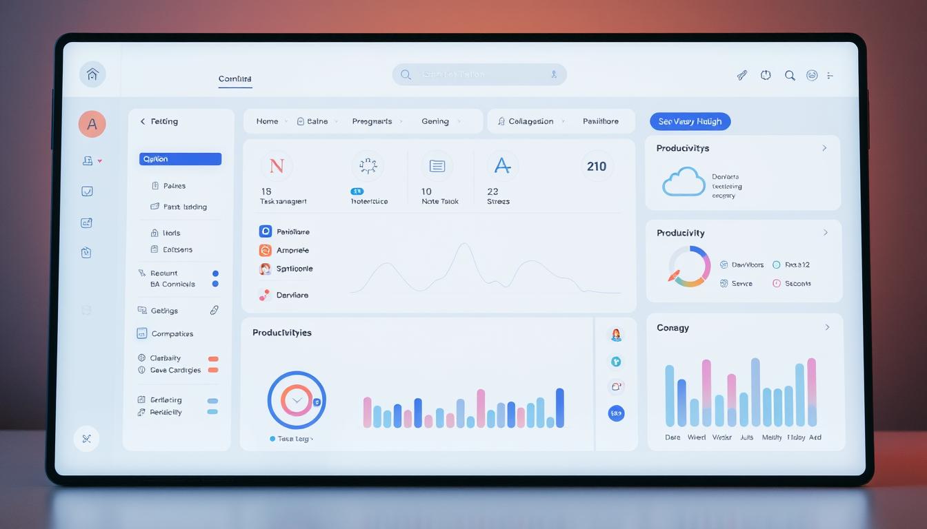 Sleek and modern Notion AI productivity app interface, showcasing a clean dashboard with intuitive controls, seamless integration of task management, note-taking, and collaboration tools. Prominent Notion logo in the center, surrounded by floating data visualizations, productivity widgets, and a smooth, pastel color scheme. Subtle lighting emanates from the screen, creating a soft, professional atmosphere. The overall composition conveys efficiency, organization, and the power of AI-driven productivity.