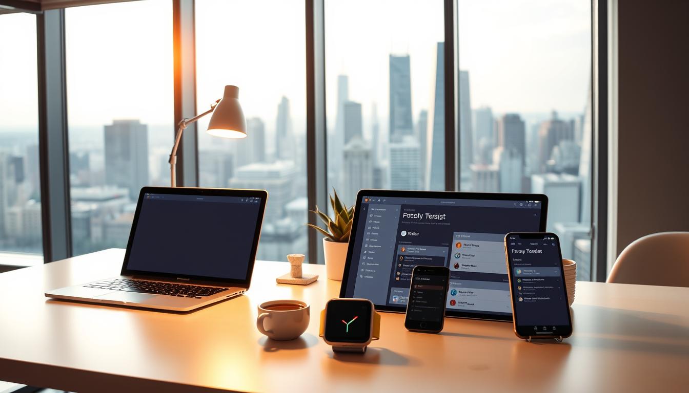 A sleek and modern office workspace with a prominent desk displaying Todoist's AI-powered productivity tools. The foreground features a laptop, a smartwatch, and a smartphone showcasing Todoist's intuitive interfaces. The middle ground includes a minimalist desk lamp, a succulent plant, and a cup of coffee, creating a serene and focused atmosphere. The background depicts floor-to-ceiling windows overlooking a bustling city skyline, bathed in warm, natural lighting. The overall scene conveys a sense of efficiency, organization, and the seamless integration of technology into a productive workday.
