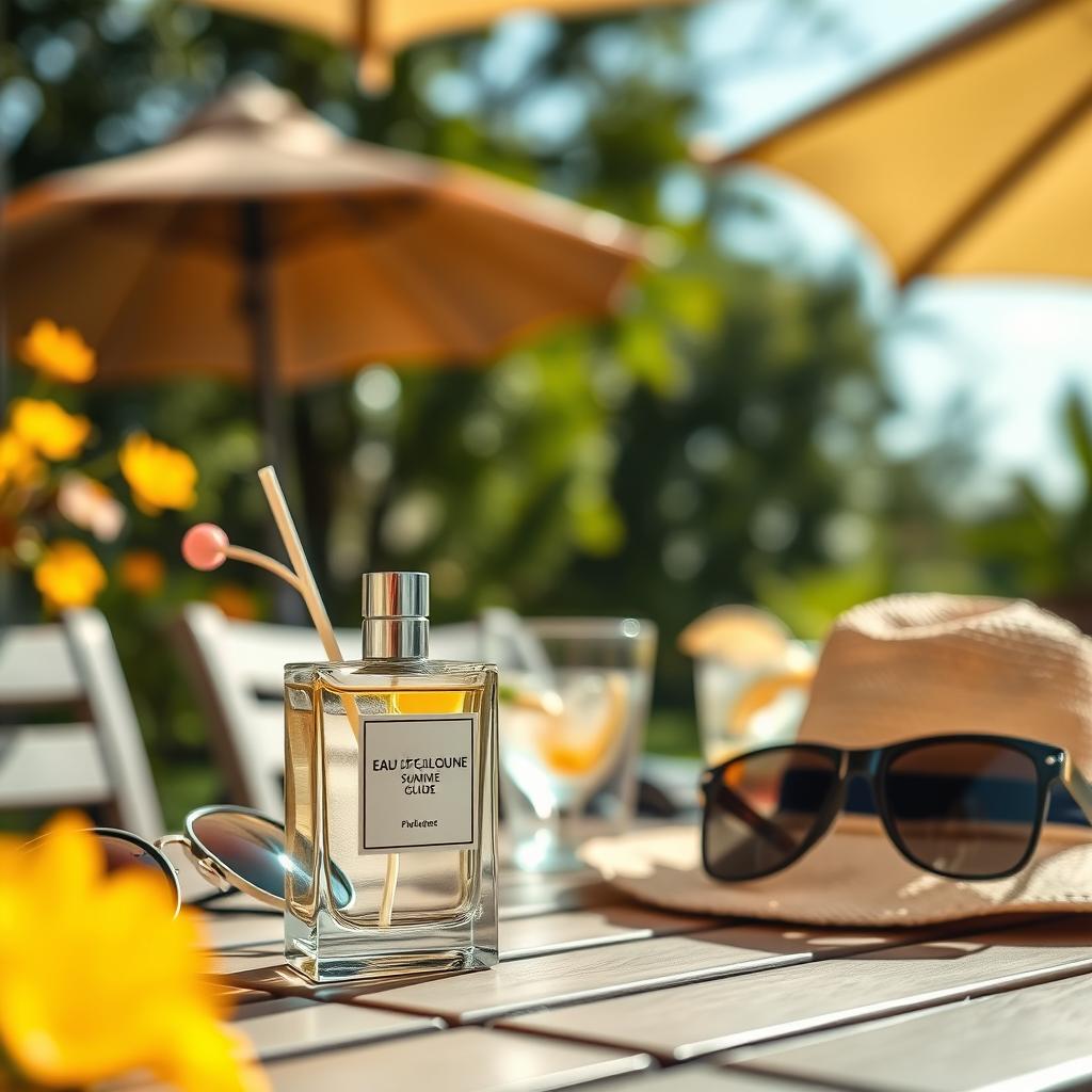 Refreshing summer scene with eau de cologne bottle
