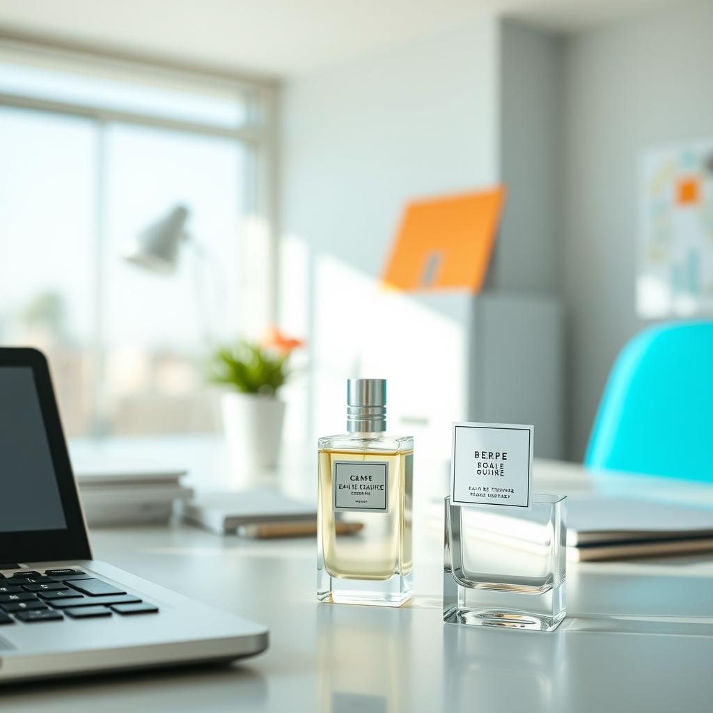Casual daytime scene with eau de toilette bottle on office desk
