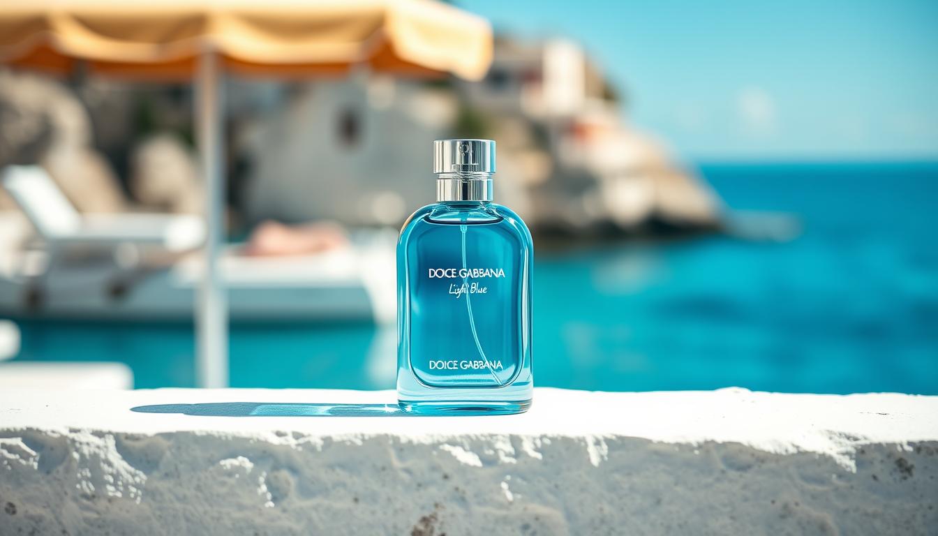 Dolce & Gabbana Light Blue perfume bottle against Mediterranean backdrop