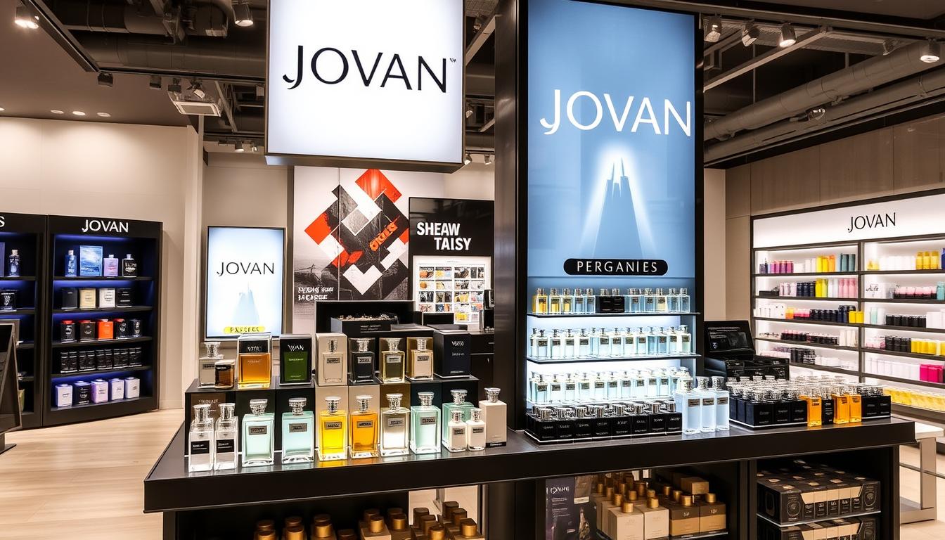 Modern display of Jovan perfumes in a retail environment showing current marketing approach