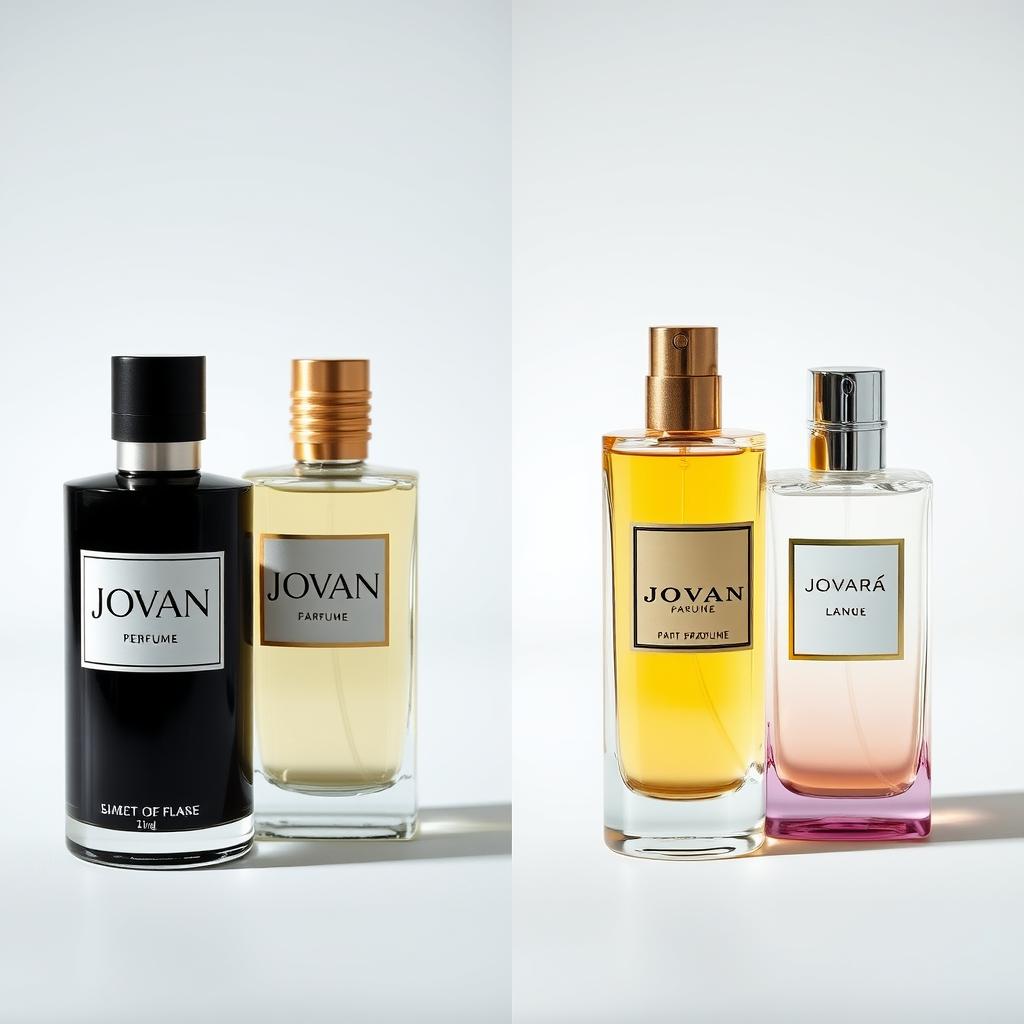 Comparison of Jovan perfumes with modern designer fragrance bottles showing the evolution of packaging trends
