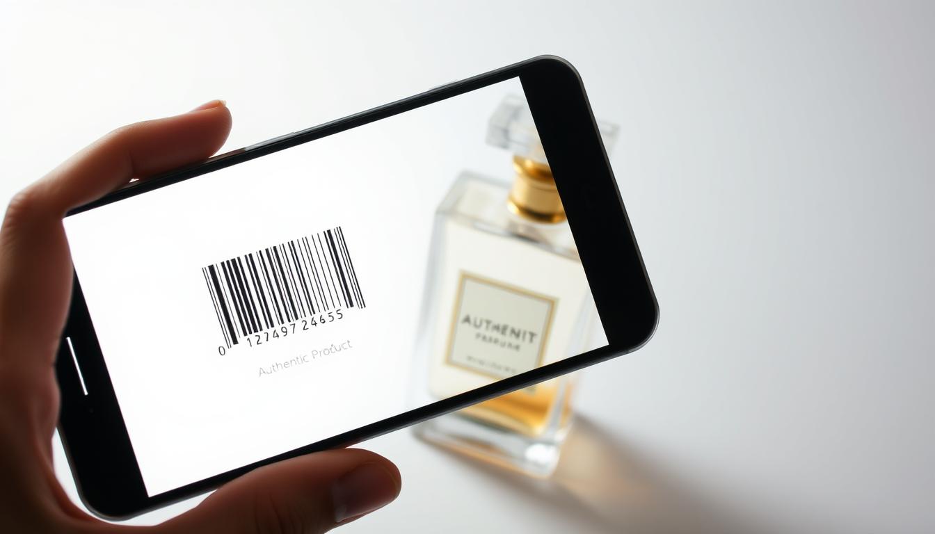 UPC validates authenticity of fragrances with barcode scanner checking perfume bottle