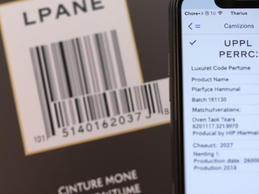 UPC code on fragrance packaging with verification app showing authenticity