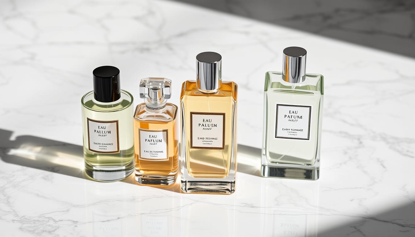 Different types of fragrance bottles including eau de parfum, eau de toilette, and eau de cologne arranged on a elegant display