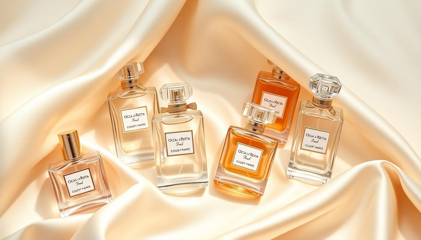 Collection of Oscar de la Renta perfume bottles arranged elegantly against a luxurious fabric backdrop