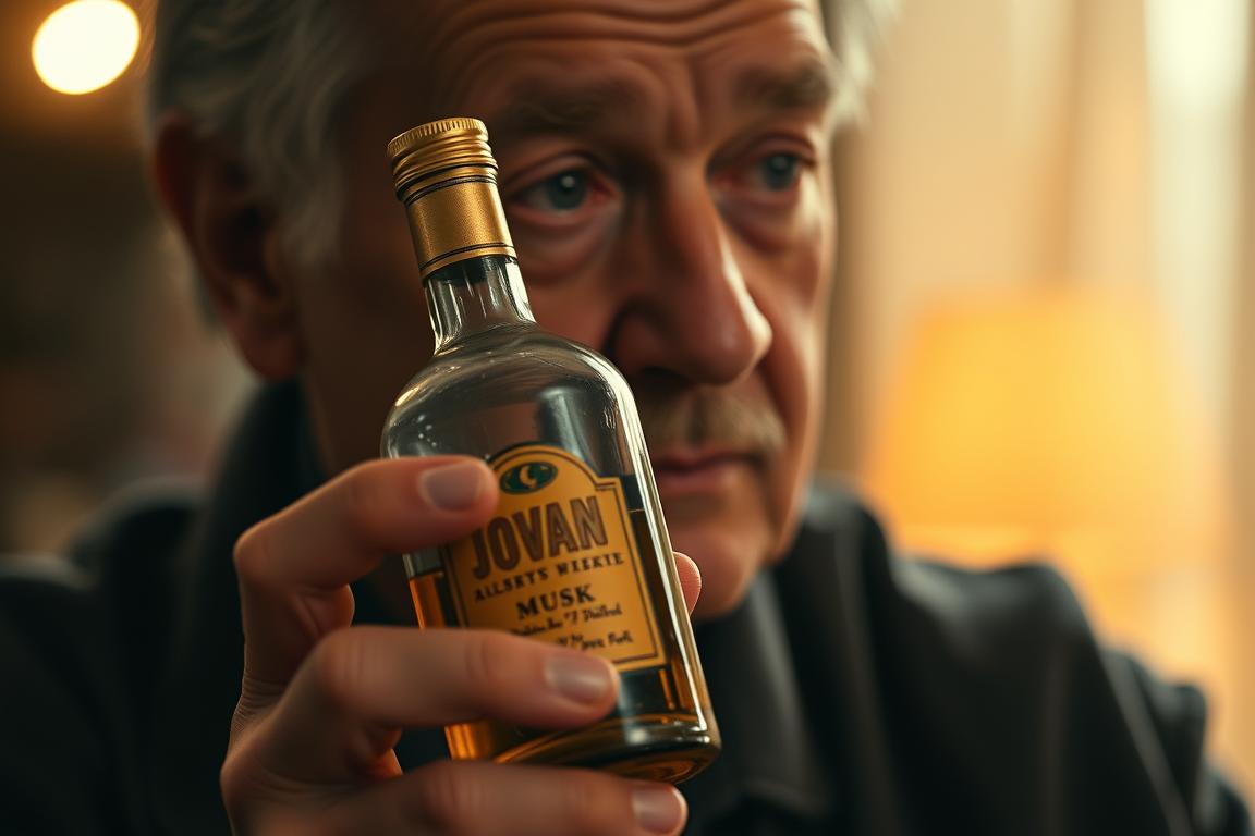 Person holding a vintage Jovan Musk bottle with a nostalgic expression