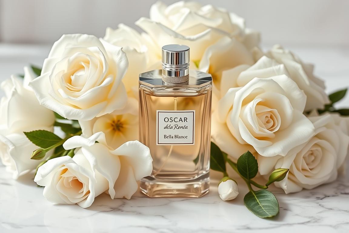 Oscar de la Renta Bella Blanca perfume bottle with white flowers