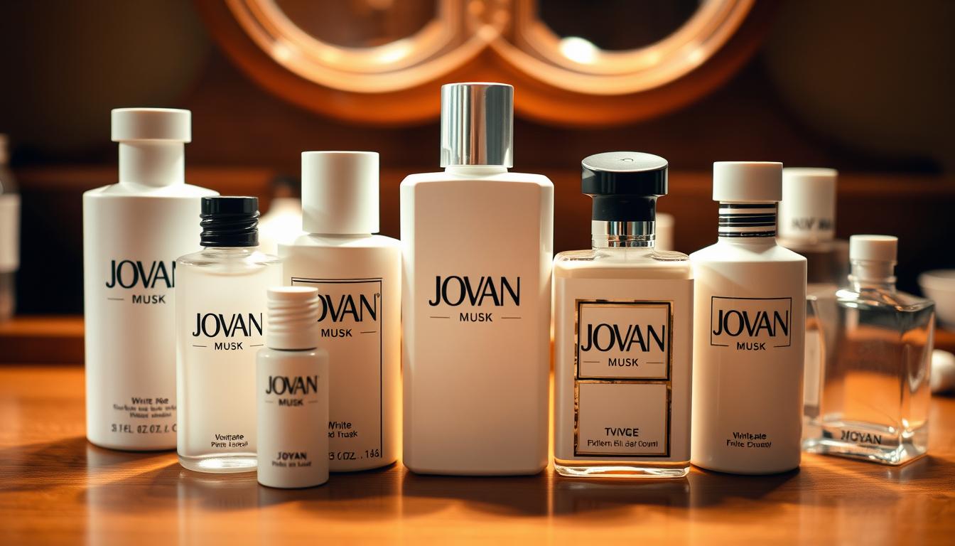 Collection of vintage Jovan perfumes including Jovan Musk and White Musk bottles from the 1970s and 1980s