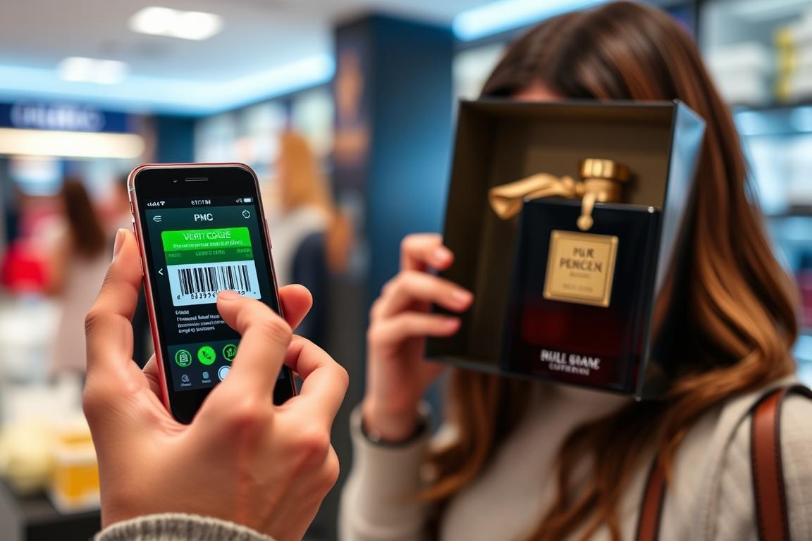 Consumer using smartphone app to verify UPC and validate fragrance authenticity