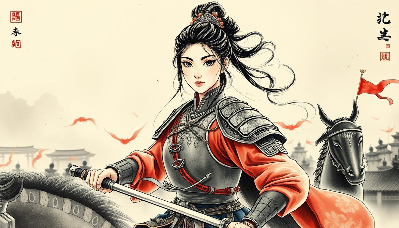 木蘭辭插圖，展示木蘭代父從軍的經典場景