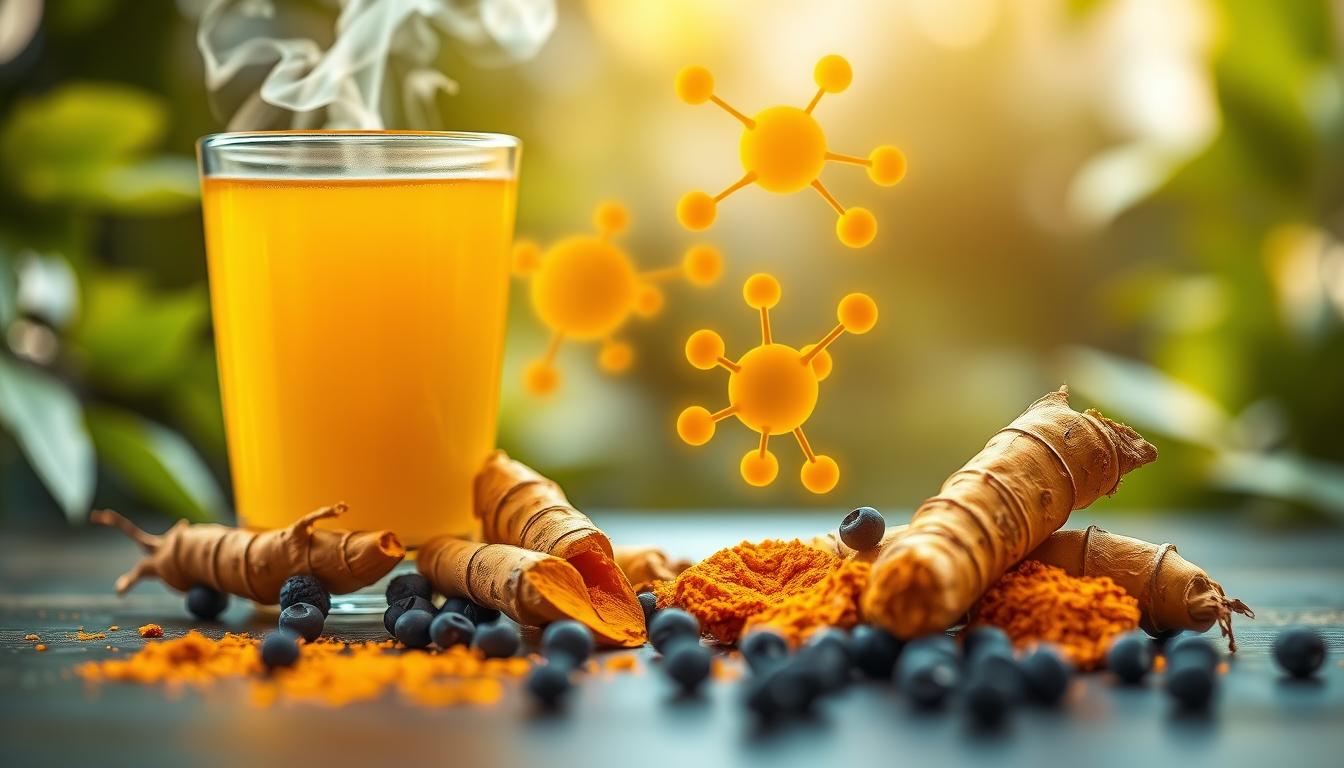 A vibrant, scientifically-inspired illustration showcasing the enhanced bioavailability of curcumin, the active compound in turmeric. In the foreground, a close-up of a glass of golden turmeric tea, steam rising gently from it, with fresh turmeric roots and black peppercorns artistically arranged around the base. The middle ground features a soft focus on molecular structures representing curcumin's absorption in the body, highlighted with warm oranges and yellows to evoke a sense of health and vitality. The background includes a serene, leafy setting with soft, natural lighting filtering through, creating a calming atmosphere. Capture this scene with a macro lens, emphasizing the textures of the turmeric and the fluidity of the tea, using warm, inviting tones that evoke wellness and energy. The overall mood should be uplifting and informative, reflecting the scientific essence of turmeric's healing properties.