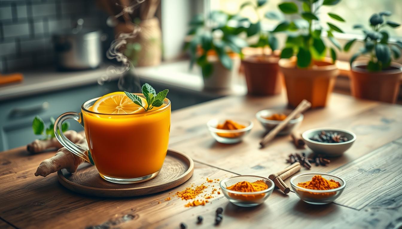 A warm, inviting kitchen setting with a rustic wooden table as the foreground. On the table, a steaming cup of turmeric tea is beautifully presented, garnished with a slice of lemon and sprigs of fresh ginger and mint. The middle ground features small bowls filled with turmeric powder, honey, and various spices like cinnamon and black pepper, highlighting their anti-inflammatory properties. In the background, soft, natural light filters through a window, illuminating potted plants that enhance a soothing atmosphere. The overall mood is calm and health-focused, emphasizing wellness and natural remedies. The image should be taken from a slightly elevated angle to capture both the tea and the surrounding ingredients in detail, showcasing a harmonious blend of colors that evoke warmth and comfort.