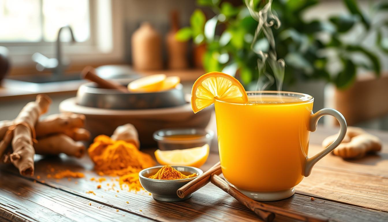 An aesthetically pleasing scene showcasing a beautifully prepared cup of vibrant golden turmeric tea, placed on a rustic wooden table. In the foreground, a steaming cup of turmeric tea in a delicate white ceramic mug, with a slice of fresh lemon and a sprinkle of cinnamon beside it. Surrounding the cup, there are neatly arranged ingredients: whole turmeric roots, ground turmeric, a small bowl of honey, and a few fresh ginger slices. In the middle ground, a warm, soft-focus setting with a cozy kitchen ambiance, highlighted by natural sunlight streaming through a window. The background features blurred greenery, adding a touch of nature. The overall mood is inviting and tranquil, emphasizing health and wellness through the use of soothing colors and natural elements.