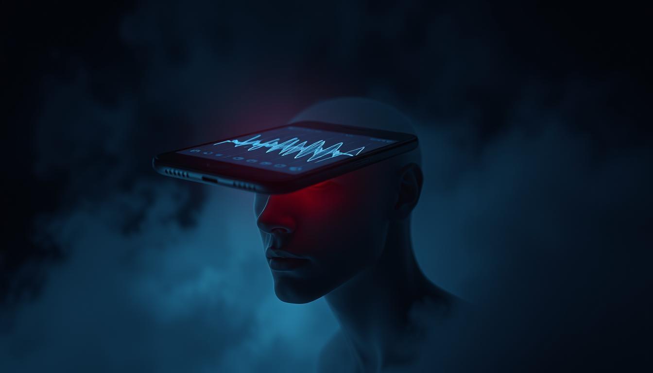 A sleek, futuristic mobile device hovers against a dark, moody backdrop, its screen displaying a pulsing visualization of dynamic emotional states. The device is surrounded by a hazy, atmospheric glow, creating a sense of technological mystery and anticipation. In the foreground, a disembodied human face, rendered in muted tones, appears to be interacting with the device, suggesting a deep, introspective connection between the user and the technology. The overall scene conveys a sense of the predictive capabilities of &quot;MoodPhones&quot; to detect and analyze human emotions, hinting at the innovative capabilities described in the article.