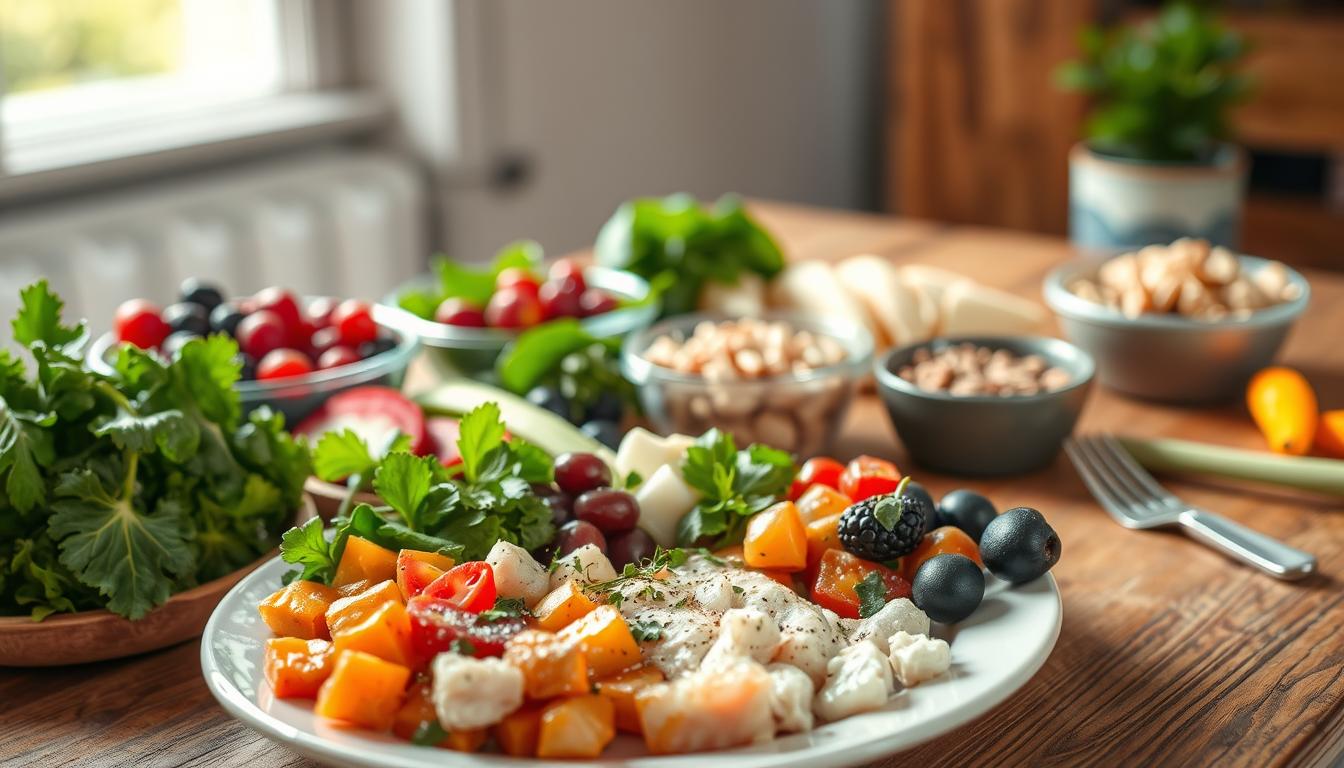 A well-balanced diabetes-friendly meal, with a variety of fresh, colorful ingredients laid out on a wooden table. In the foreground, a plate showcases a balanced portion of lean protein, complex carbohydrates, and non-starchy vegetables, garnished with herbs. In the middle ground, additional servings of leafy greens, berries, and nuts are arranged neatly. The background features a simple, rustic setting with natural lighting filtering through a window, casting a warm, inviting glow over the scene. The overall mood is one of health, balance, and mindful eating, conveying the importance of a carefully curated diabetes-appropriate diet.