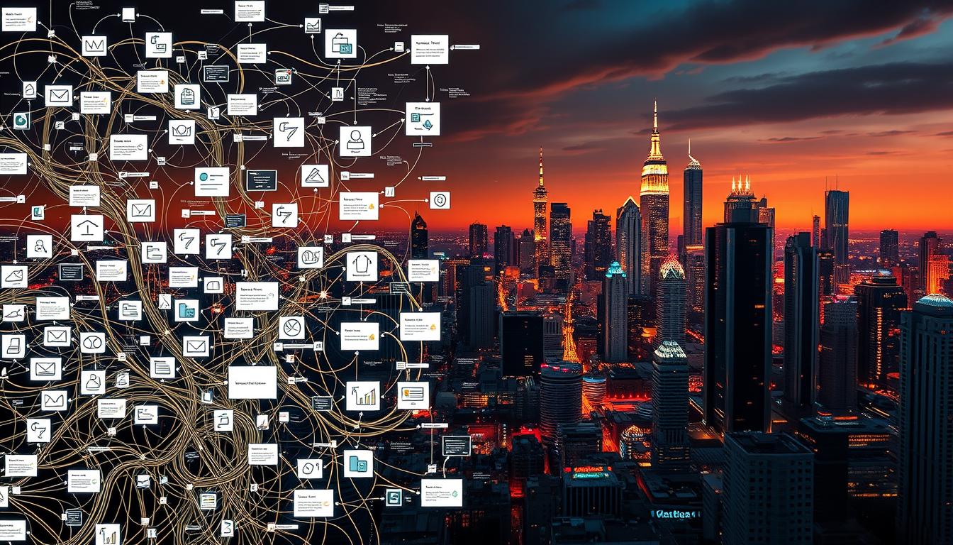 A complex, multi-layered workflow visualization. In the foreground, a maze-like tangle of interconnected nodes and arrows, conveying the intricacy of conditional logic and automated processes. The middle ground features a diverse array of digital tools and platforms - email, social media, project management, and more - seamlessly integrated. In the background, a vibrant, futuristic cityscape with skyscrapers and glowing holograms, suggesting the scale and sophistication of modern enterprise automation. Dramatic lighting casts long shadows, adding depth and drama. The overall mood is one of power, precision, and technological prowess.