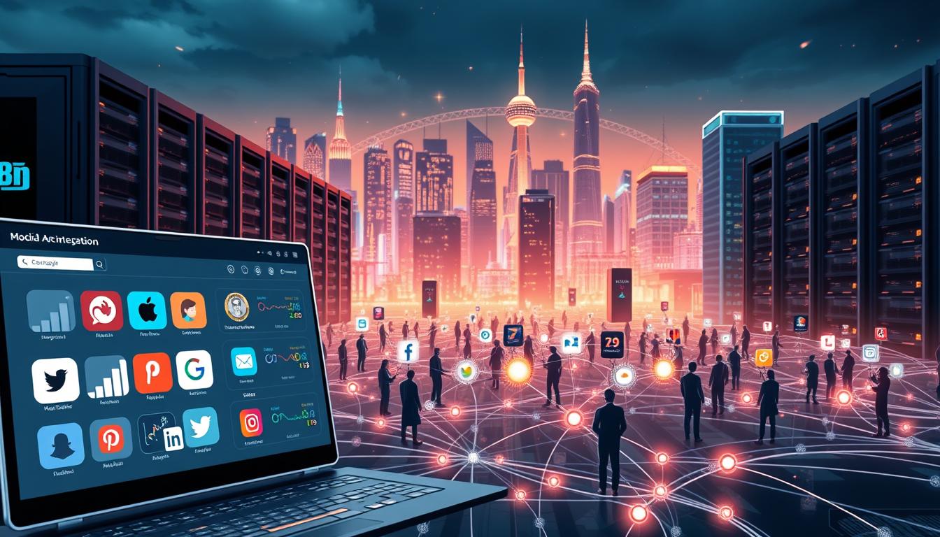 A high-tech digital landscape with various social media platforms and automation tools seamlessly integrated. In the foreground, a sleek N8N dashboard displays various social media icons, representing cross-platform integration. The middle ground features stylized avatars of people interacting across different social media channels, their connections visualized by glowing lines. In the background, a cityscape of towering server racks, data centers, and futuristic skyscrapers, all bathed in a warm, energetic glow, symbolizing the power of automation and technology to streamline social media workflows. The overall scene conveys a sense of efficiency, connectivity, and the synergy between social media and workflow automation.
