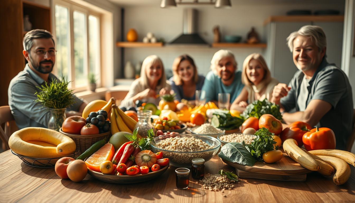 A vibrant, realistic scene showcasing healthy everyday meals. In the foreground, an assortment of fresh fruits, vegetables, whole grains, and lean proteins are artfully arranged on a wooden table, casting soft shadows. In the middle ground, a diverse group of people, both men and women of different ages and ethnicities, are seated around the table, enjoying the nourishing spread. The background features a sunlit kitchen with natural wood and earthy tones, creating a warm, inviting atmosphere. The lighting is soft and diffused, emphasizing the textures and colors of the food and people. The overall composition conveys a sense of balance, harmony, and the joy of sharing a healthy, wholesome meal together.