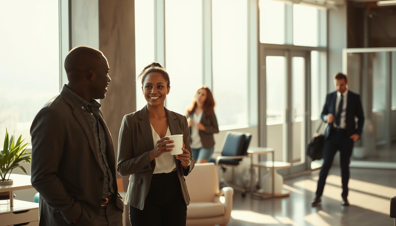 A peaceful workplace scene where a diverse group of professionals maintain a healthy work-life balance. Crisp sunlight filters through large windows, casting a warm glow on the modern, minimalist office design. In the foreground, two co-workers, one black and one white, are engaged in a casual conversation, their body language relaxed and open. In the middle ground, a woman leans back in her chair, taking a moment to enjoy a cup of coffee. In the background, another employee moves purposefully, yet unhurried, toward the exit, signaling the end of the workday. The scene conveys a sense of order, productivity, and most importantly, a harmonious equilibrium between work and personal life.