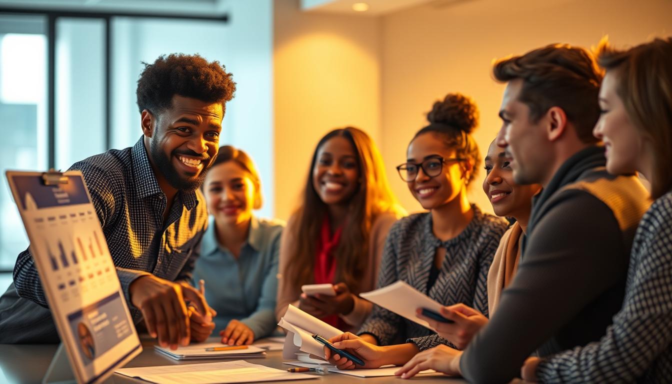 A vibrant and diverse group of individuals gathered around a table, engaged in a discussion about fixed-income investments. The scene is bathed in warm, golden lighting, creating a sense of professionalism and financial security. In the foreground, a person of color is pointing to a presentation, their face lit with enthusiasm as they explain the various options and advantages of fixed-income investments. The middle ground features a diverse array of people, each with their own unique expression, listening intently and taking notes. The background is blurred, but hints at a modern, sleek office environment, with clean lines and minimalist decor. The overall mood is one of collaboration, education, and financial stability.
