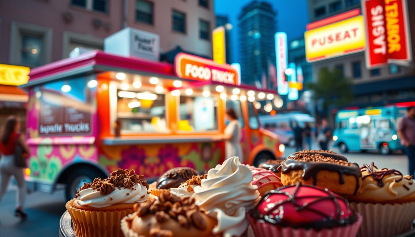 A brightly lit food truck set against a vibrant urban backdrop, its colorful exterior and signage inviting passersby to explore its delectable offerings. In the foreground, an array of tempting desserts is displayed, their rich textures and vibrant hues captured in high detail. The lighting is warm and inviting, casting a soft glow over the scene. In the middle ground, the truck's carefully curated menu is visible, showcasing a variety of sweet treats that cater to diverse tastes. In the background, a bustling city street sets the stage, with pedestrians and other food trucks creating a lively, dynamic atmosphere. The overall scene conveys a sense of energy, creativity, and a passion for satisfying the community's cravings for exceptional desserts.