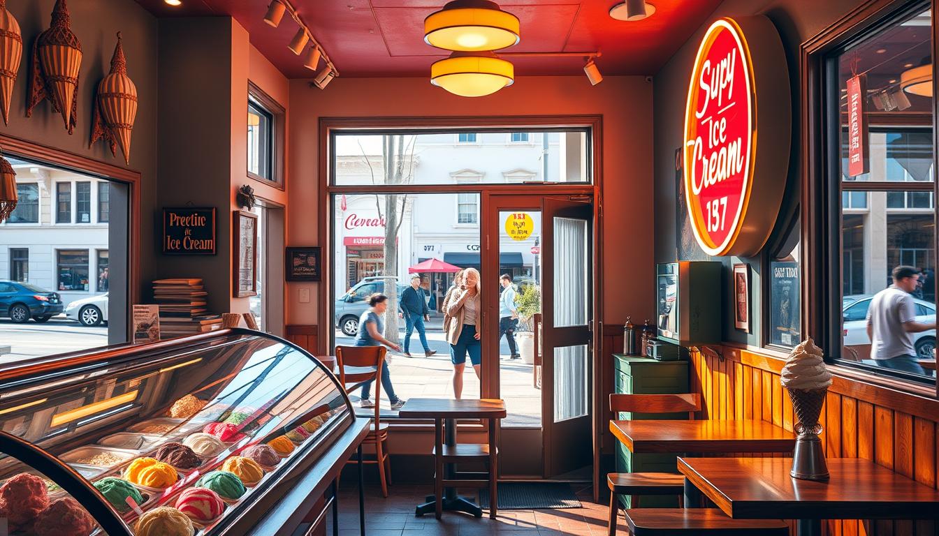 A charming ice cream shop with a cozy, retro-inspired interior. The front displays a colorful array of tempting flavors in shiny metal tubs, inviting customers to indulge. A large, sun-drenched window offers a glimpse of the quaint street outside, where people stroll by. The shop's classic neon sign casts a warm glow, complementing the soft, ambient lighting that illuminates the space. Wooden tables and chairs create a welcoming atmosphere, perfect for savoring creamy scoops and sundaes. The overall vibe is one of nostalgia and delight, capturing the essence of a quintessential neighborhood ice cream parlor.