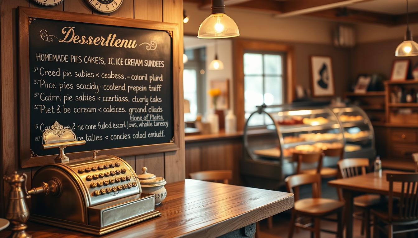 A cozy dessert menu displayed on a chalkboard, illuminated by warm incandescent lighting. The menu features an elegant cursive script, highlighting the tempting selection of homemade pies, cakes, and ice cream sundaes. In the foreground, a vintage brass cash register sits atop a rustic wooden counter, hinting at the charming ambiance of this neighborhood dessert establishment. The middle ground showcases glass display cases filled with mouthwatering treats, their vibrant colors and textures enticing passersby. In the background, a soft focus reveals a quaint dining area with mismatched wooden tables and chairs, evoking a sense of homey comfort and nostalgia.