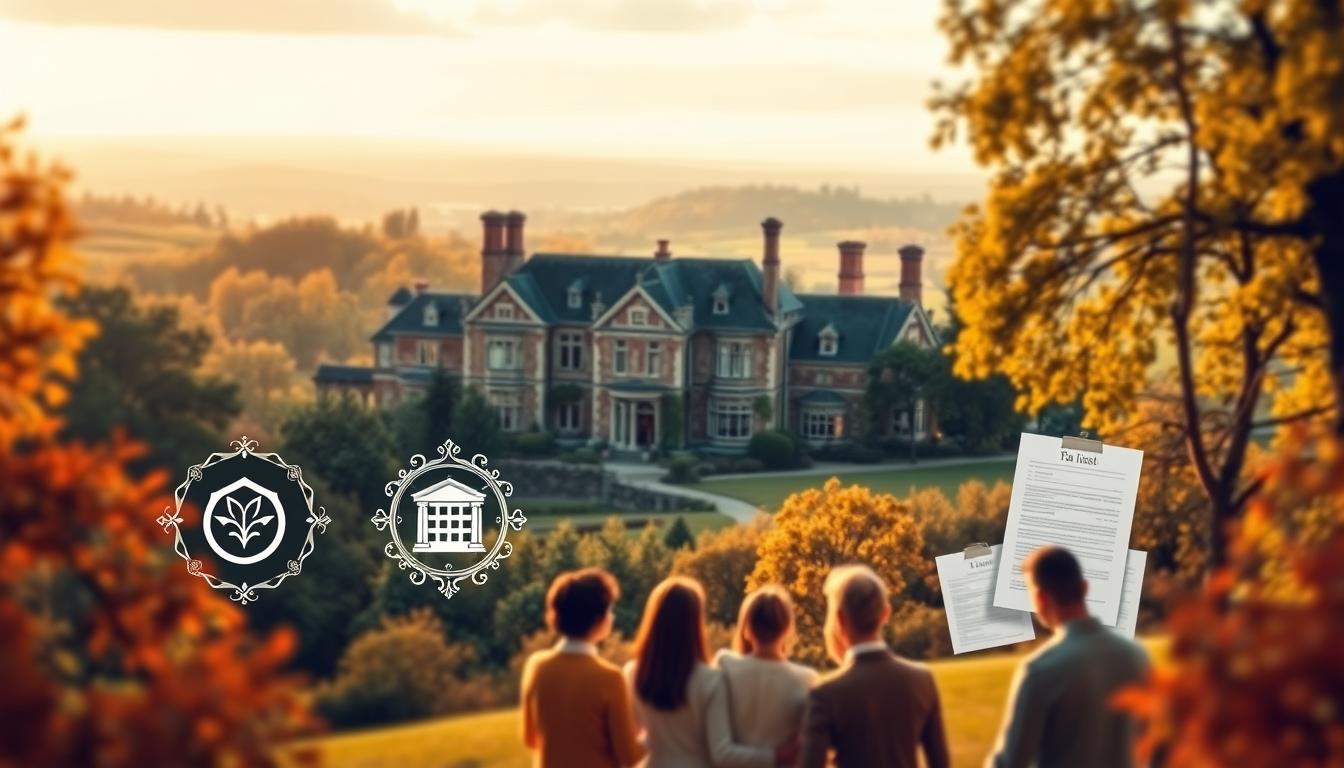 An intricately designed inheritance tax relief illustration showcasing a stately manor nestled amidst lush greenery, with a warm autumn palette casting a soft glow. In the foreground, a family gathers, their expressions reflecting the security and comfort provided by the tax reliefs represented by elegant, ornate icons. The middle ground features carefully structured financial documents and forms, while the background depicts a panoramic view of a rolling countryside, symbolizing the generational wealth being preserved. Subtle lighting emphasizes the grand architecture and the sense of legacy, with a tilt-shift lens blurring the edges to focus the viewer's attention on the central narrative.