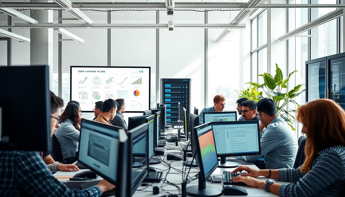A spacious modern office, bright and airy, with natural light streaming through large windows. In the foreground, a team of data annotators intently focused on their computer screens, meticulously labeling and categorizing various data samples. The middle ground features an interactive whiteboard displaying data visualization tools and annotation workflows. In the background, a sleek server rack stands, symbolizing the importance of data infrastructure. The scene conveys a sense of collaborative problem-solving, with the data annotation process at the heart of unlocking valuable insights.