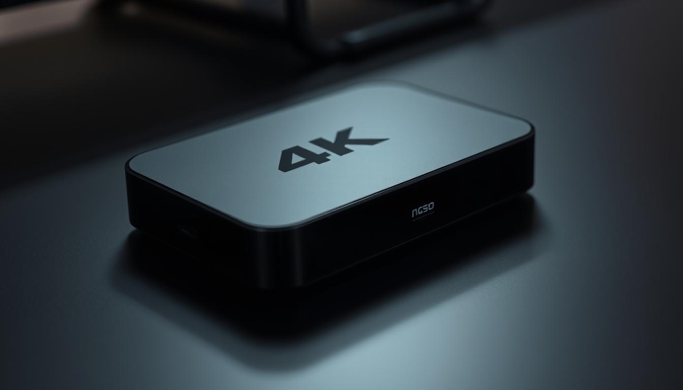A close-up shot of a sleek, black 4K streaming device resting on a dark, minimalist surface. The device features clean lines, a glossy finish, and subtle LED indicators, conveying a premium, high-tech aesthetic. The background is softly blurred, placing the focus on the device and its crisp, vivid display. Soft, directional lighting creates depth and highlights the device's contours, emphasizing its premium quality and advanced 4K capabilities. The overall mood is one of sophistication, technology, and the promise of an immersive, cinematic viewing experience.