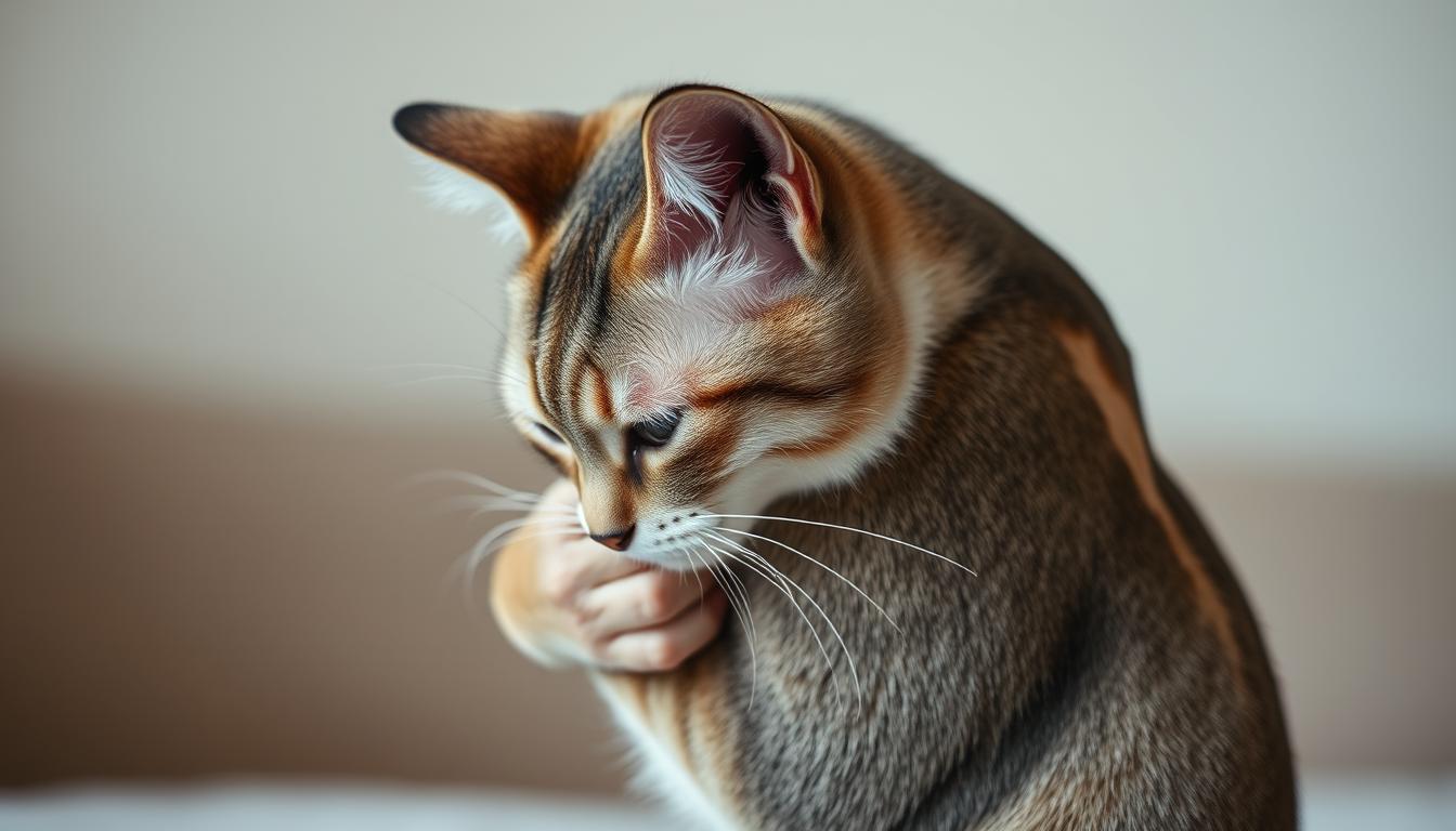 A sleek, short-haired cat with a distinct bald spot on its back is intensely grooming and pulling at its fur, displaying clear signs of stress and overgrooming. The cat's eyes are narrowed, and its expression conveys a sense of discomfort and anxiousness. The scene is captured in soft, natural lighting, with a blurred, neutral background that allows the cat's behavior to be the focal point. The image is framed in a tight, close-up composition, emphasizing the cat's distressed state and the problematic bald spot. The overall mood is one of concern and a desire to understand and address the underlying causes of the cat's stress-related hair loss and overgrooming habits.