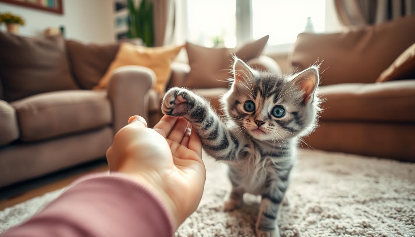 A playful kitten interacts with a caring human in a warm and inviting living room setting. The kitten, with its fluffy gray fur and inquisitive expression, reaches up to the person's hand, initiating a gentle petting session. Soft, natural lighting filters through a nearby window, casting a cozy glow on the scene. The background features plush furniture and cozy textures, creating a comforting atmosphere for this important socialization moment. The camera angle is at eye level, drawing the viewer into the intimate interaction and highlighting the bond forming between the kitten and its caretaker.