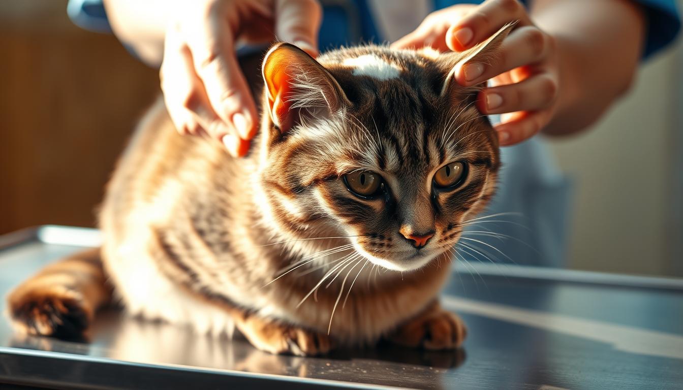 A domestic shorthair cat undergoing a health examination, its fur parted to reveal a noticeable bald spot on its head. The cat is sitting calmly on a metal examination table, its expression alert yet tranquil. Warm, natural lighting illuminates the scene, casting subtle shadows that accentuate the texture of the cat's skin and remaining fur. The veterinarian's hands are gently examining the affected area, their movements delicate and professional. The background is blurred, maintaining the focus on the cat and the health assessment at hand.